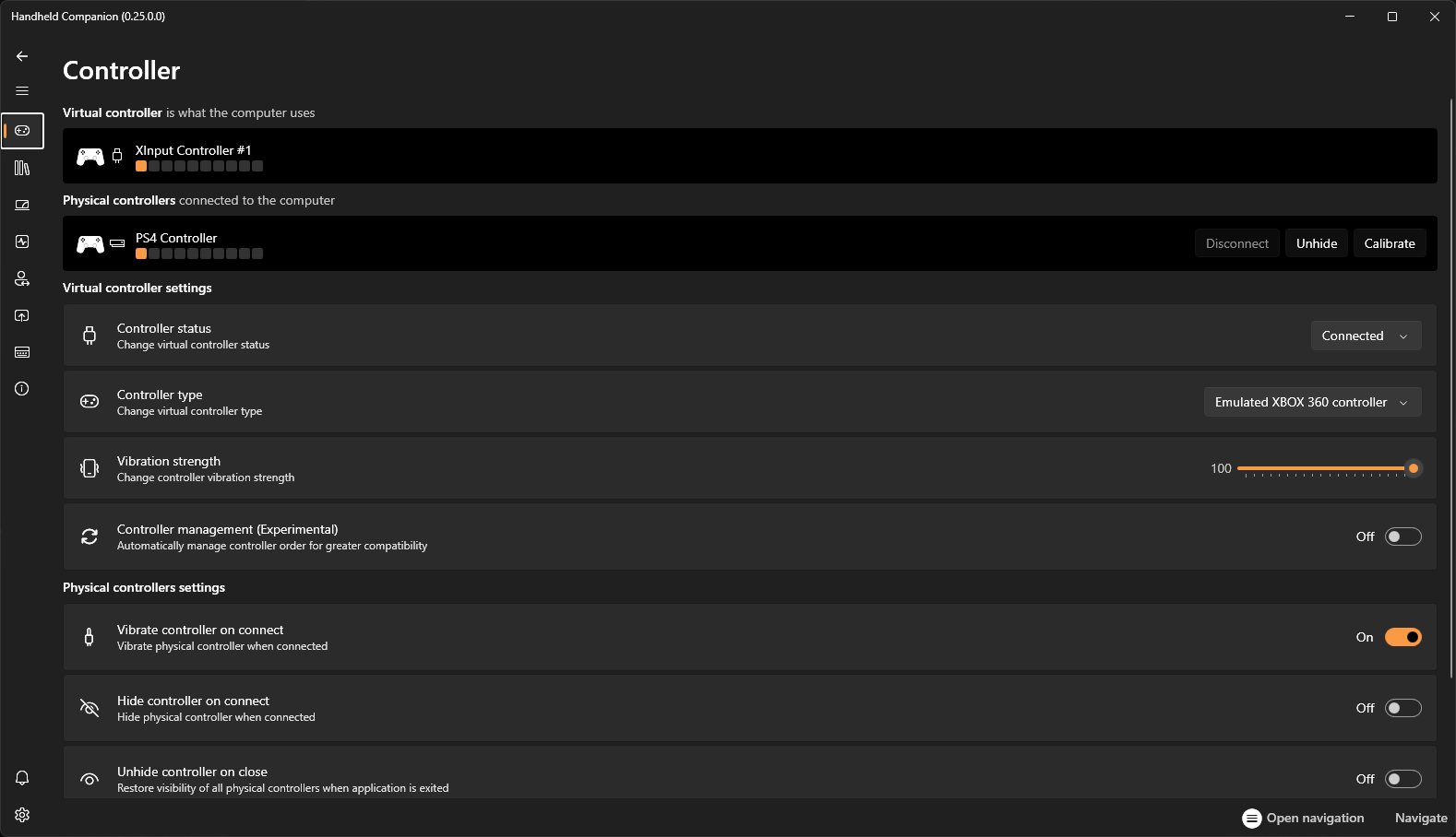 Handheld Companion controller settings with Xbox 360 controller emulation and physical controller options