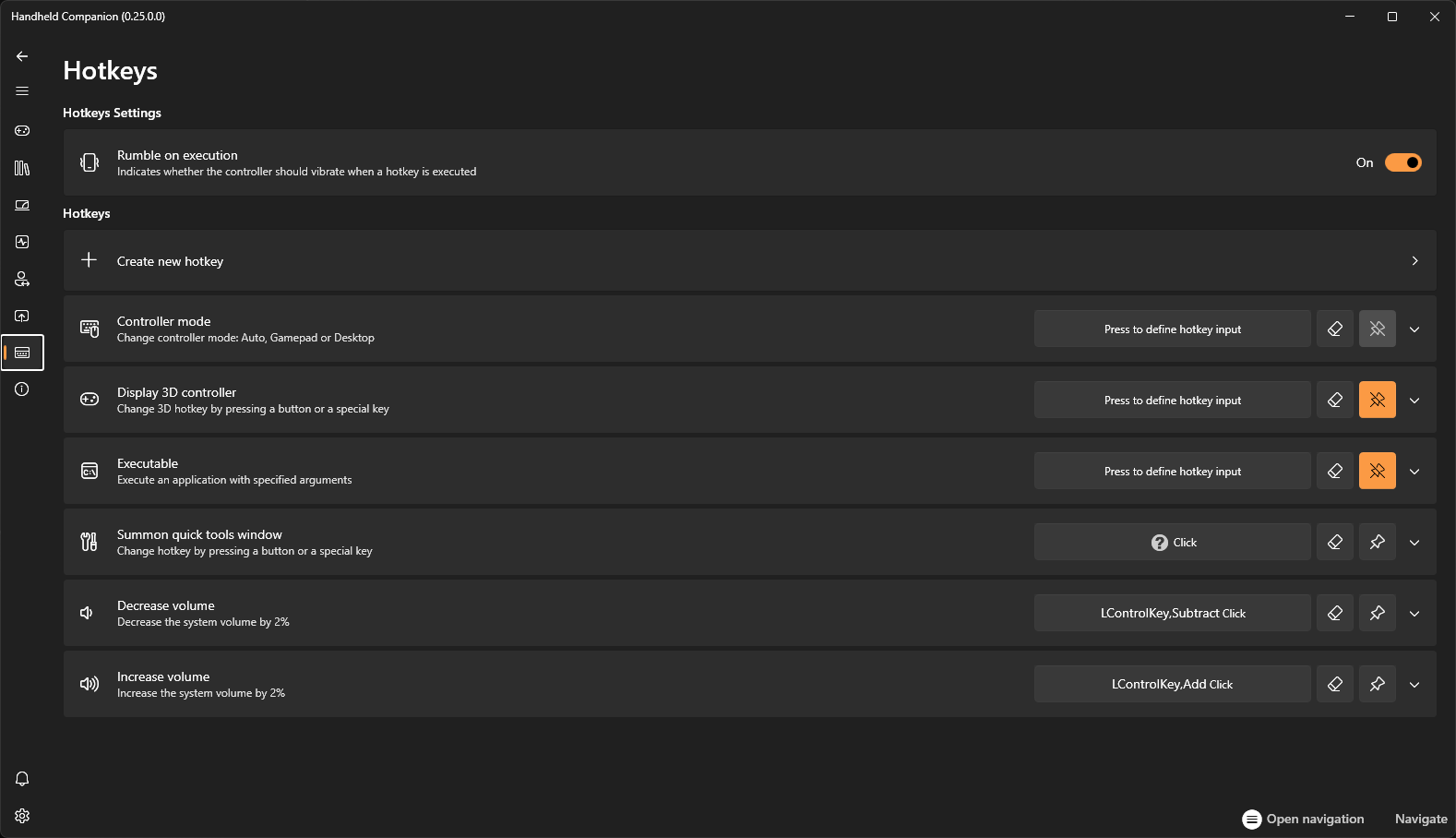 Handheld Companion hotkeys screen for controller mode, QuickTools, volume and application shortcuts