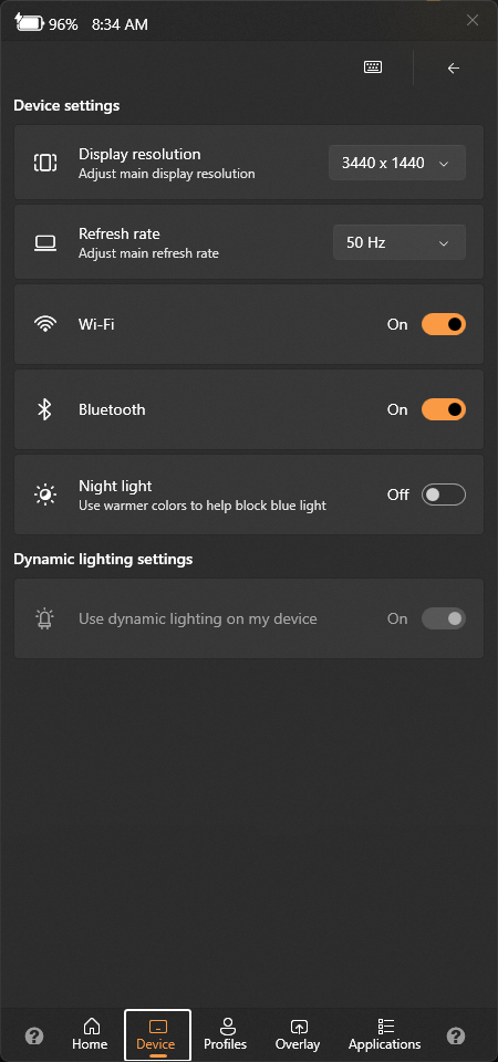 Handheld Companion QuickTools overlay showing display resolution, refresh rate, Wi-Fi and Bluetooth controls