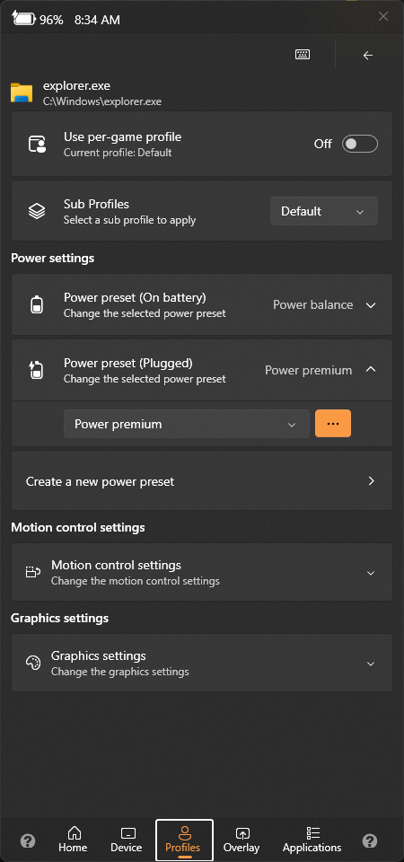 Handheld Companion QuickTools profile screen with power preset, motion control and graphics settings