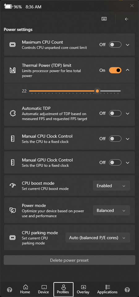 Handheld Companion QuickTools power settings with TDP, Automatic TDP, CPU and GPU controls