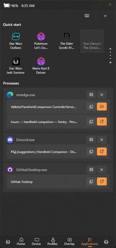 Handheld Companion QuickTools applications page with game shortcuts and running processes